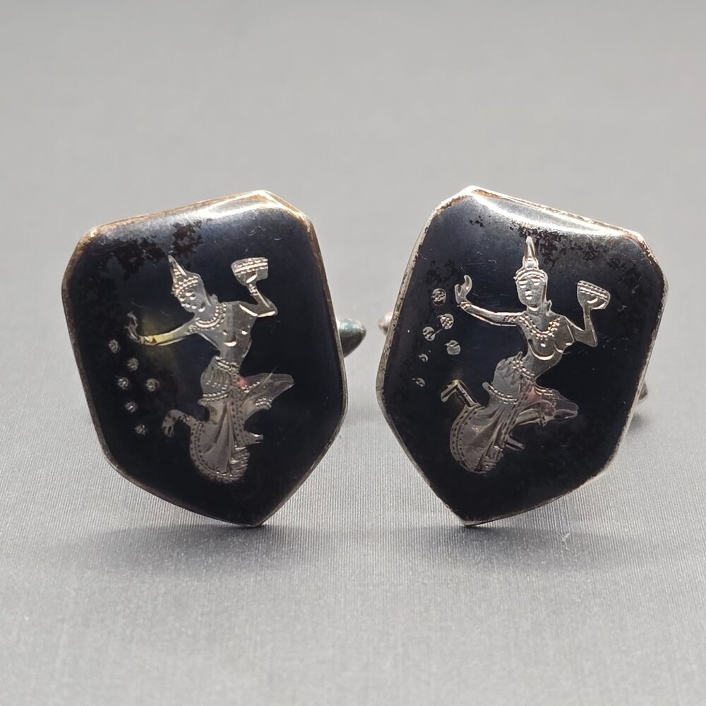 VTG Siam Sterling Silver Niello Cufflinks .75in Thai Dancer Signed Willy Co - Picture 3 of 10